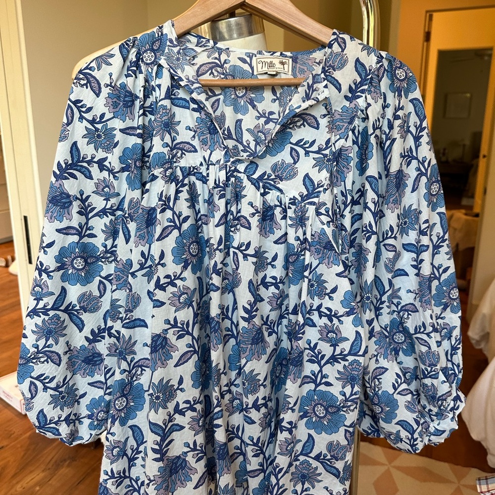 Blue and White Ruffled 3/4 Sleeve Blouse with Mandarin Collar